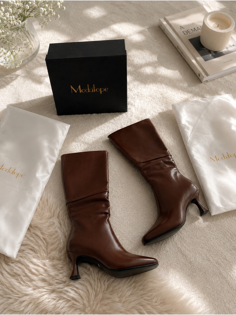 Modatope Brown Leather Mid-Calf Heeled Boots
